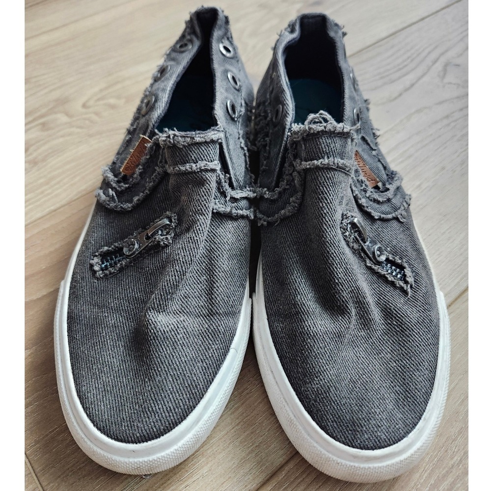 Blowfish Malibu Play Grey Distressed Denim Slip On Sneakers Frayed Faux Zipper - Picture 3 of 9